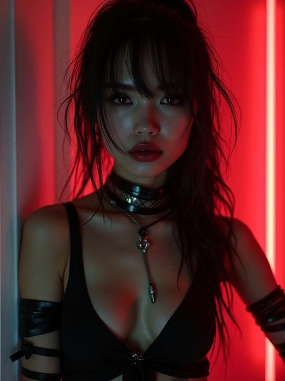 Portrait of a young android rebel in a cyberpunk setting. The figure exudes charisma and dominance. Outfit with black and red details. Captured with a Canon R 300 camera. The backdrop features dramatic neon lighting. High resolution with intricate anatomical details. A stunning representation of a futuristic femme fatale.