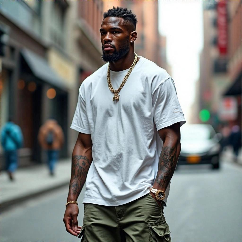 Casual streetwear model in an urban setting walking down a city street. Outfit features a white t-shirt and green cargo shorts. Candid style photography emphasizing modern fashion and natural lighting.