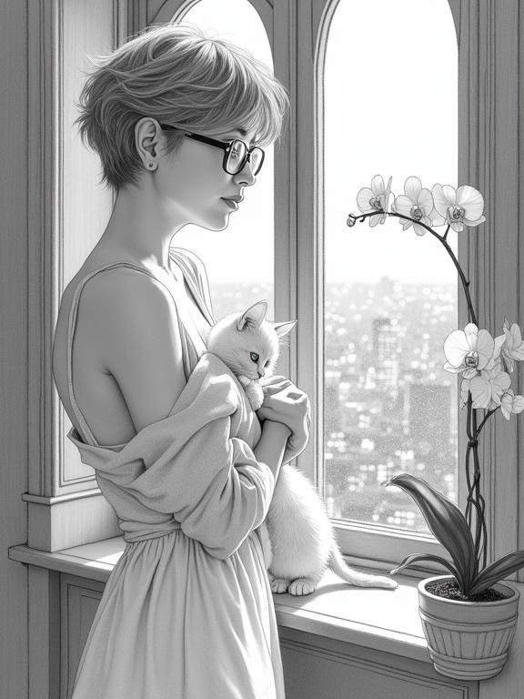 Finely detailed black and white color pencil sketch of a woman with glasses and short hair near a window. She holds a kitten gently while wearing a silk slip. A cityscape is visible through a rain-streaked window. An orchid is on the sill, adding elegance to the scene.