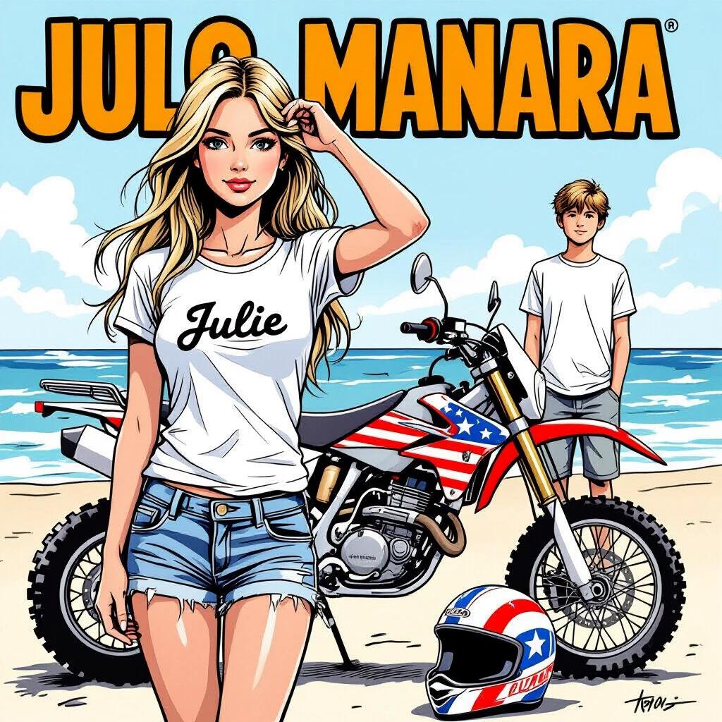 A realistic comic-style illustration features a young woman with long blonde hair on the beach. She wears a white t-shirt with the name 'Julie'. She stands next to an offroad motorcycle. The bike has a helmet with a stars and stripes design. In the background, a young boy looks at the motorcycle. The scene exhibits a summer charm.