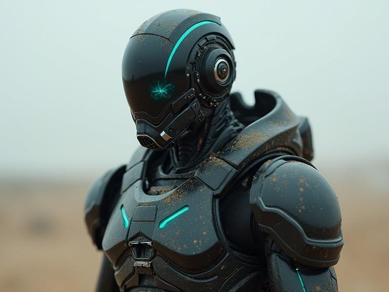 Humanoid figure in exosuit. Exosuit is matte black with glowing cyan lines. Helmet is cracked with shattered lens. Surface is covered in dust. Joints biomechanical. Tactical gear visible. Design is post-apocalyptic. Image is sleek and intimidating. High resolution for detailed viewing.
