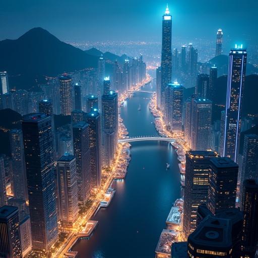 Ultra high resolution nighttime aerial photograph shows hyper dense Asian megacity. Glass and steel skyscrapers rise from shadowy mountains and descend from the sky. Double skyline squeezes the horizon. Facades shimmer with cobalt blues and glowing gold highlights. Signage and reflections are azure and golden. Interior floors glow in soft golden grids. Rooftops emit pale electric blue glows. Mirrored city above reflects the same colors. Narrow harbor water bisects the view, reflecting two-tone palette. Camera settings include a 24 mm lens, ISO 400, and stabilized drone. No stars or vehicles present. Emphasis on urban geometry and mood.