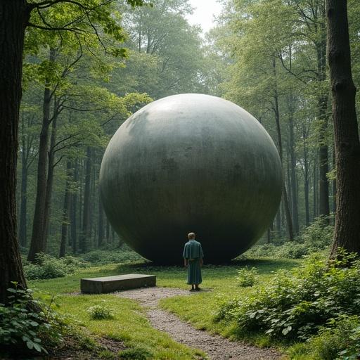 Abstract sculpture inspired by Plato's concept of spherical humans. Set in a serene forest environment. Lush greenery surrounds a large metallic sphere. A solitary figure stands near the sphere, contemplating its presence.