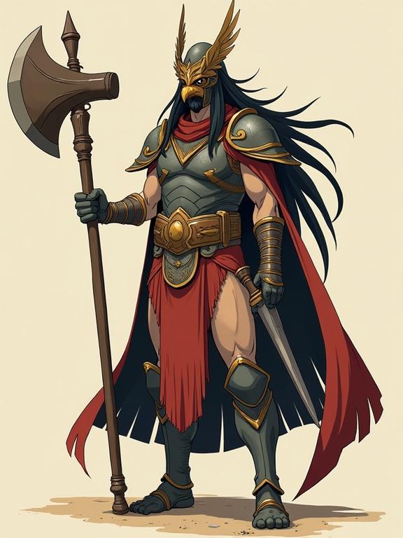 Full body design of a character representing the god Khonsu. Character holds a sledgehammer and dagger. Wears a helmet with an eagle mask. Long hair flows behind. Dressed in intricate fantasy warrior armor. Artwork features clean details and high resolution.