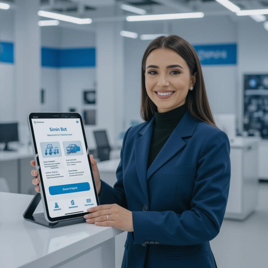 Image of a digital assistant named Simin Bot for an online automotive store. A woman in a blue blazer holds a tablet. The tablet displays options related to automotive parts. The setting is a modern automotive retail environment. The atmosphere is professional and welcoming.