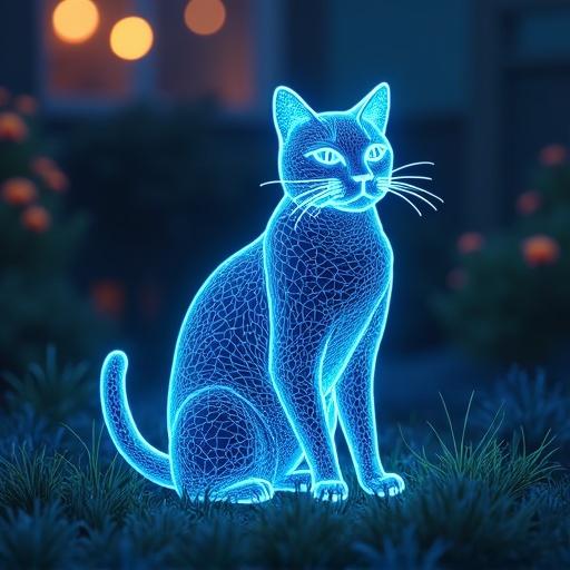 Wireframe cat sits in a garden. Neon blue color. Low poly design. Ultra realistic style.