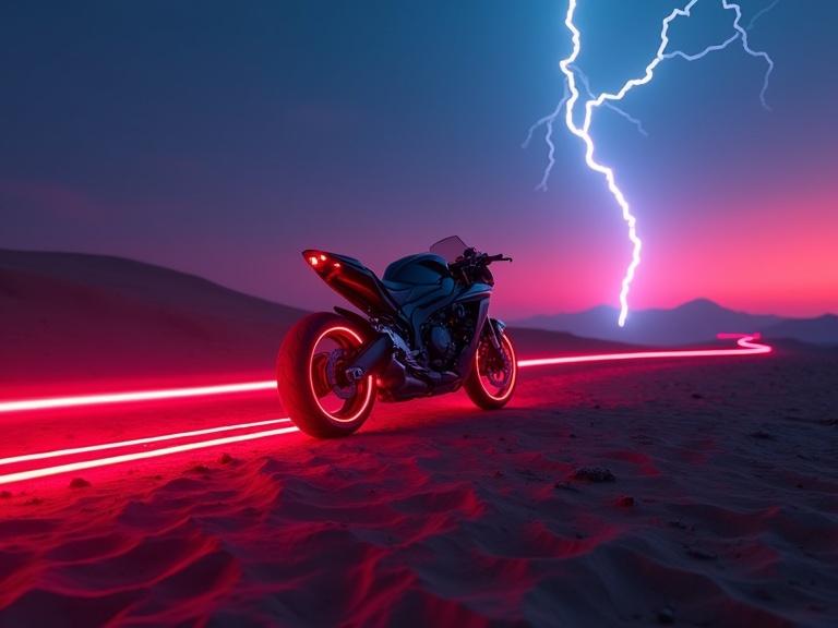 Futuristic black motorbike in a desert scene at sunset. Motorbike illuminated with laser light rim effects. A long double-line laser light trail behind it. Lightning and thunder in the background. Foggy and rainy atmosphere enhancing the cyberpunk aesthetic. View shows the bike from a distance with emphasis on vibrant blue and red lights.