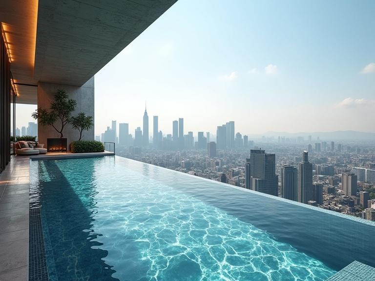 Luxury penthouse features an infinity pool overlooking a vibrant metropolis skyline during a clear day.