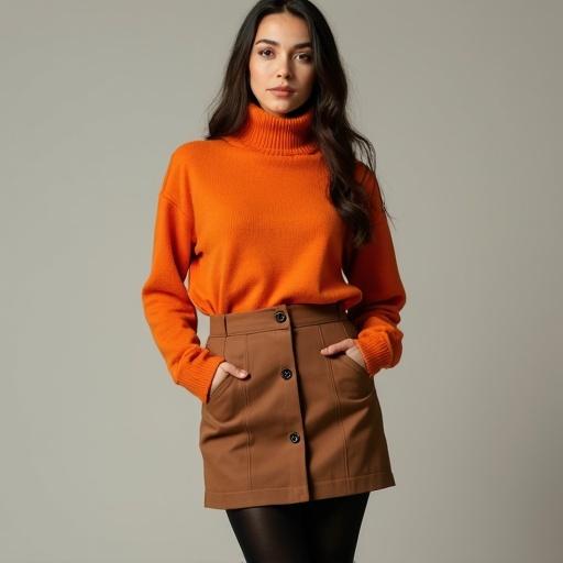 Full body photograph of a young woman. She wears an orange turtleneck sweater. She wears a brown skirt. She wears black tights.