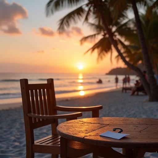 A table with a chair on a beach during sunset. The scene includes palm trees. A piece of paper with a question mark is placed on the table.