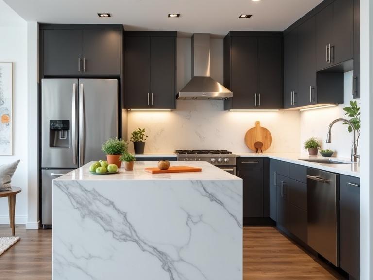 Photo of a modern kitchen with dark gray cabinets and white marble countertops. Features include stainless steel refrigerator, oven, range hood, wooden floor, track lighting, potted plants, orange cutting board, and a bowl with green apples. No people in the image.