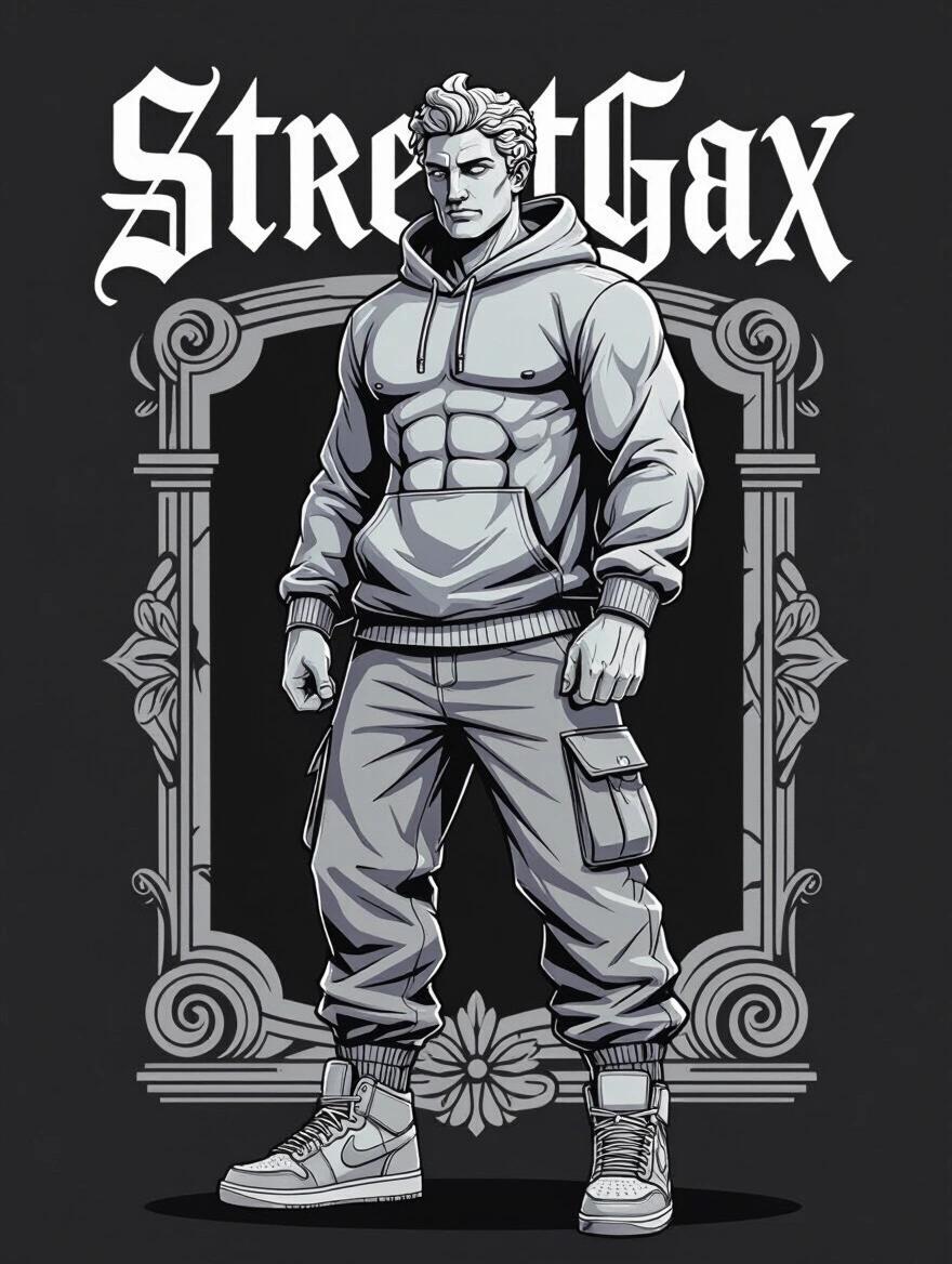 Urban streetwear illustration featuring a Greek god character. Character appears muscular and heroic, designed like a marble sculpture. Wears oversized hoodie, tactical cargo pants, high-top sneakers. Text "STREETGAX" integrated in gothic-style lettering. Background is solid black. Limited urban color palette with muted tones and a pop of color in the hoodie or text. Clean, centralized composition. High resolution and detail suitable for apparel use.