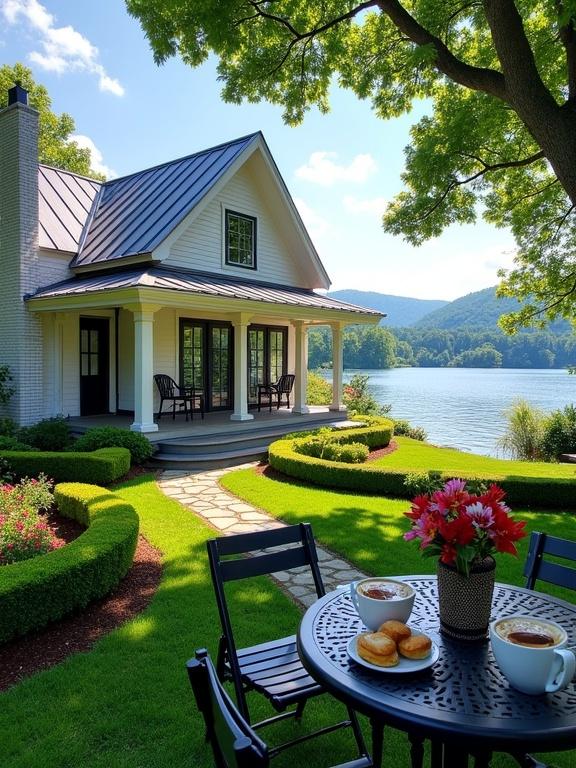 Charming lakeside cottage surrounded by a well-maintained garden. Single-story structure with a steeply pitched dark grey metal roof and white brick chimney. Exterior walls painted white with black-framed windows. Spacious wraparound porch with white columns and chairs. Round black metal table with decorative pattern, surrounded by folding chairs. Two white ceramic coffee mugs with bubbles, sandwiches on a plate, and a vase of colorful flowers. Neatly trimmed green shrubs and lush green lawn leading to a stone pathway. Background features a serene lake with calm waters, rolling hills, and large trees under a clear blue sky.