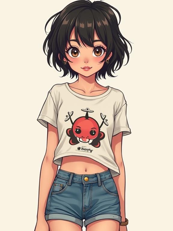 Upper body portrait of a female teenager with pale skin. She has an impish face with hazel eyes and a cute expression. Short messy dark hair is styled in waves. Wearing a graphic t-shirt featuring a playful design and denim shorts. The background is trendy and appealing. The style is soft with smooth lines typical of comic book illustrations.