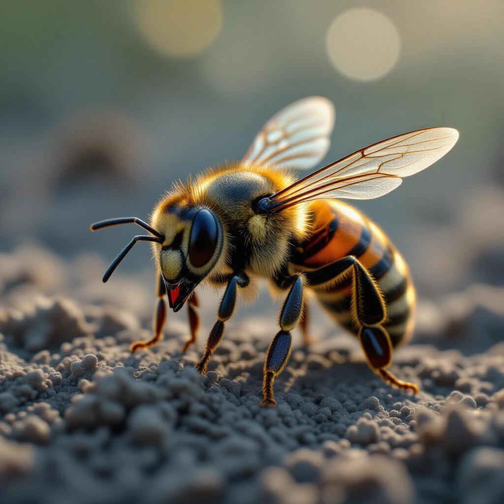 Detailed close-up of Apis lithohermaea. Captures hyper-realistic features of the bee. Cinematic atmosphere in nature. 8K resolution for clarity.