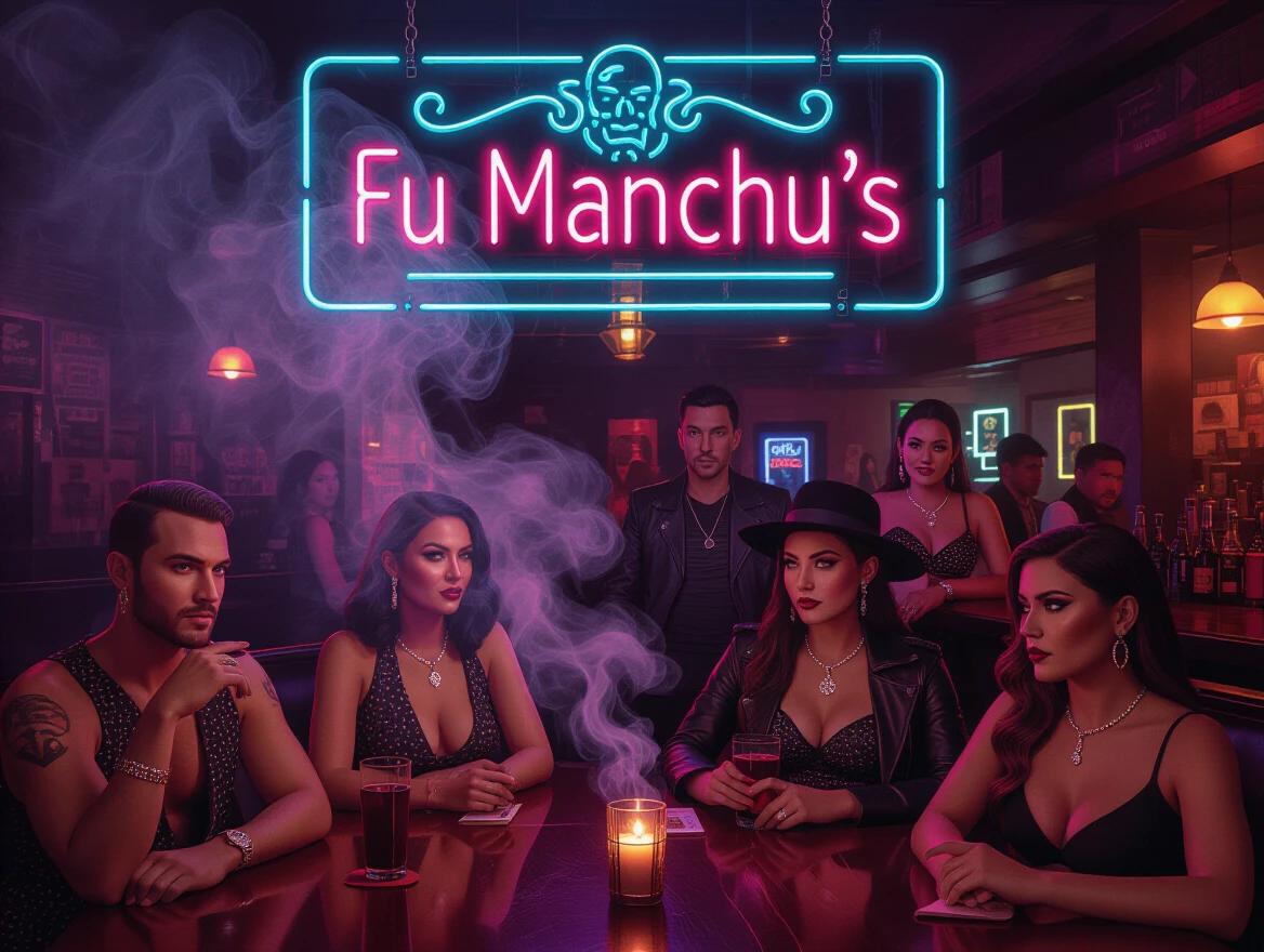 Dark smoky bar scene featuring diverse and beautiful LGBTQ individuals looking devious with neon sign FU MANCHU'S