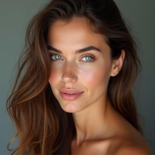 A young woman with fair skin and long wavy brown hair. Striking light blue eyes and soft facial features. Gentle expression with natural lips. Hairstyle frames face loosely. Calm and confident vibe.