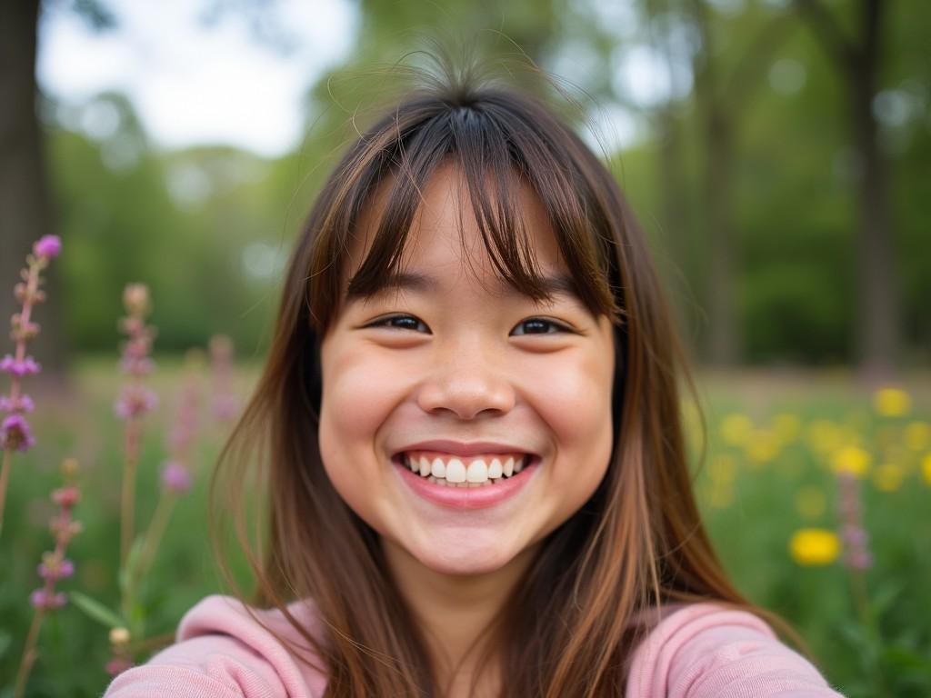 This image depicts a joyful young girl taking a selfie in a vibrant outdoor setting. She has long, dark hair and a bright smile, reflecting her happiness. The background is filled with blooming flowers and greenery, creating a lively atmosphere. Her facial expression conveys warmth and positivity, inviting viewers to share in her joy. This scene captures the essence of youth and connection with nature.