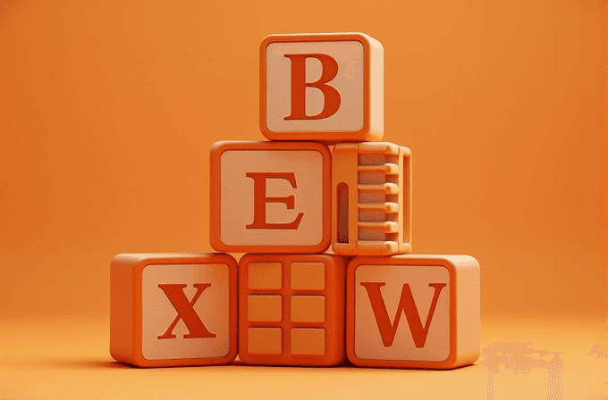 Orange children's alphabet blocks stacked in a pyramid on an orange background.