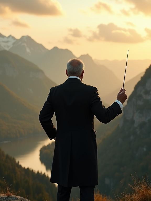 Hyperrealistic image of an orchestral conductor seen from behind. He stands at the edge of a cliff with a breathtaking landscape. The golden hour illuminates a valley with rivers and forests. Distant snow-capped mountains appear under a dramatic sky. The conductor wears a black tailcoat with a white shirt and bow tie, holding a white baton. He has a short stocky build and balding on his head. The scene captures the human scale against nature's grandeur. The lighting is warm and cinematic with a shallow depth of field.