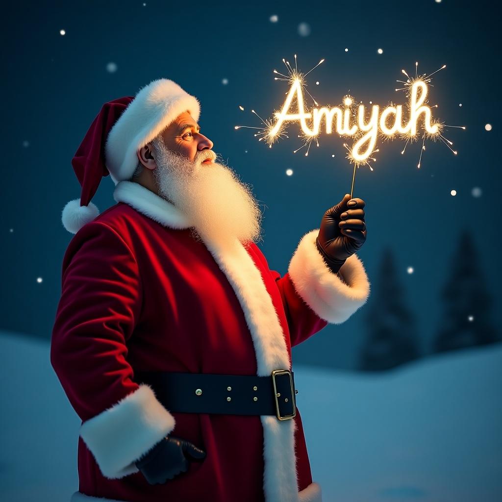 Santa Claus in traditional red and white suit. Writing the name Amiyah in the night sky with a sparkler. Beautiful night background.