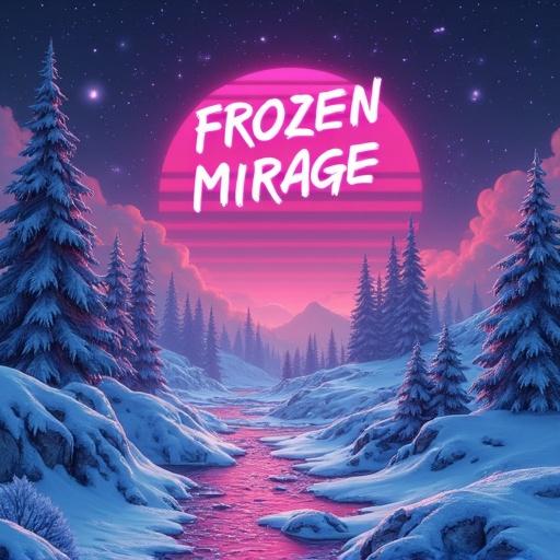 Futuristic album cover showcasing a wintry landscape with pink neon elements and the title Frozen Mirage prominently displayed.