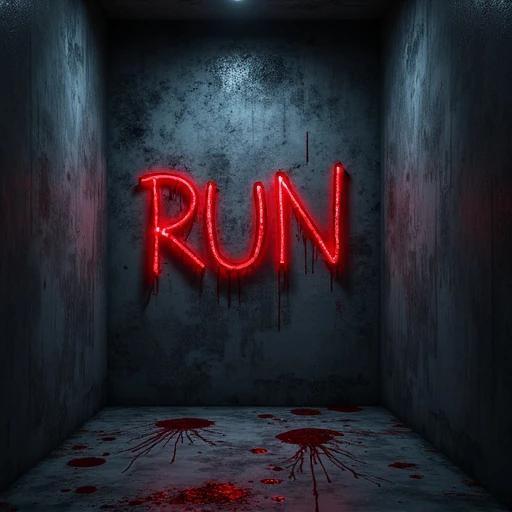 Dark interior of a Roblox maze. Wall displays the word 'RUN' in glowing red neon. Blood stains are present on the ground. The ambiance is haunting and eerie.