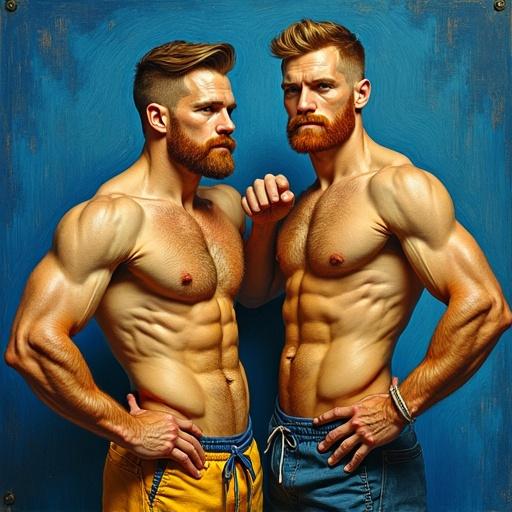 An image of two muscular bearded men in a playful pose reminiscent of Van Gogh's painting style, showcasing vibrant colors and deep emotions.