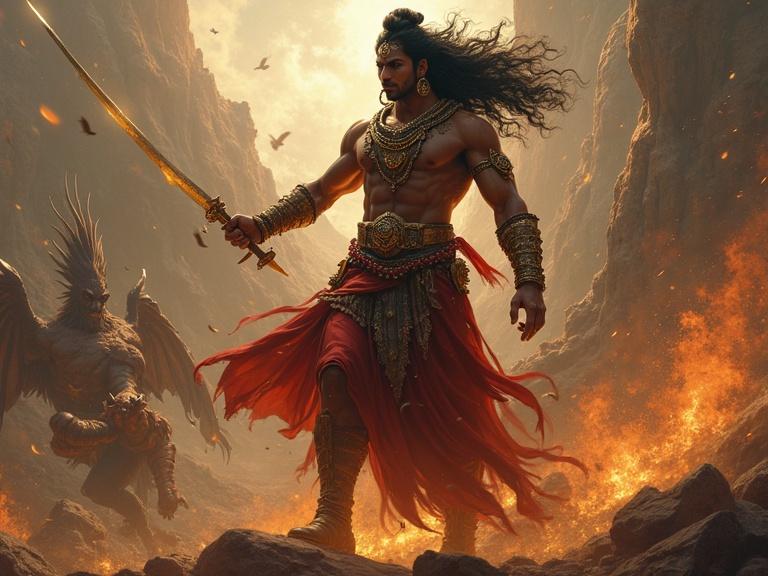 Kartikeya battles demons with a sword. The warrior stands strong in a rocky landscape with flames and mythical creatures. He wears regal armor with a flowing red cape.