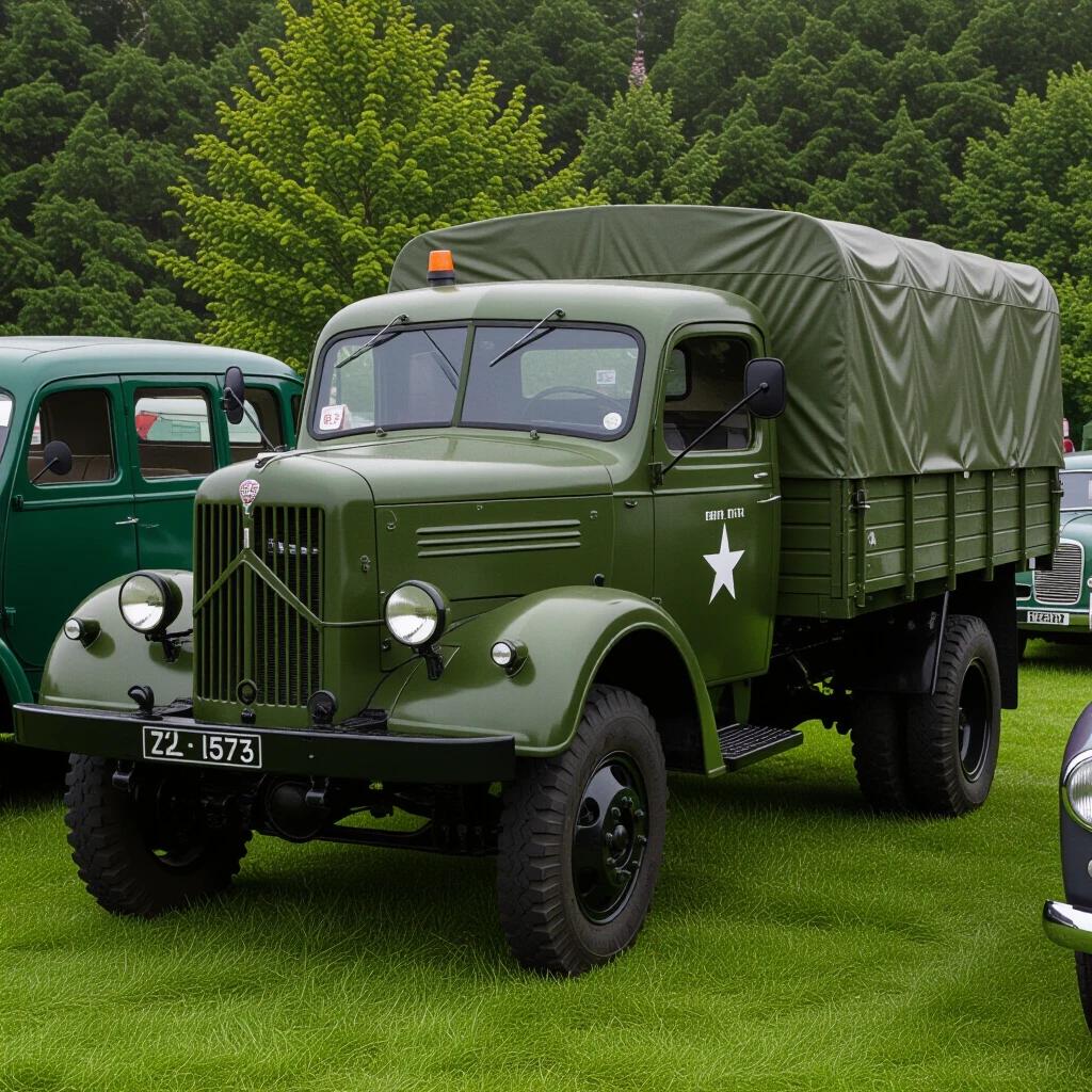 Vintage Zil 157 truck in olive green with a canvas cover parked on grass in a green setting. The truck has a star insignia, exhibiting its military heritage. Surrounding the truck are other vintage vehicles.