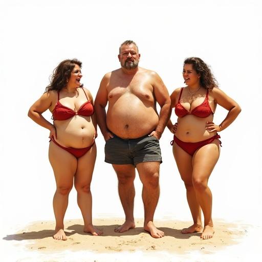 Full body view featuring three figures on a sunny beach. Two women and one man. Humoristic scene with exaggerated physical features in bikinis. Dynamic poses conveying emotions. White background enhances subjects. Calibrated artistic representation. Best quality
