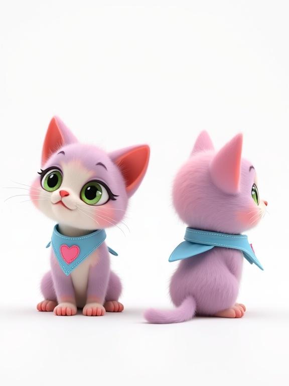High-resolution Pixar-style 3D render of a fluffy anthropomorphic kitten. Kitten has pastel pink and lavender fur with a creamy white belly. Character features large expressive green eyes and an oversized head. Kitten wears a light blue bandana with a stitched pink heart.