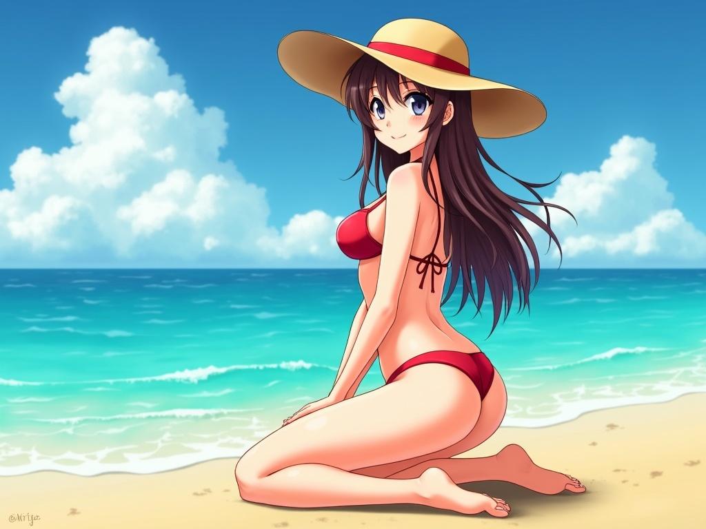 Anime-style girl kneeling on the beach. She wears a red bikini and a wide-brimmed straw hat. Long brown hair falls over her shoulders. She looks back over her shoulder and smiles gently. The beach features golden sand and turquoise ocean waves under a blue sky with white clouds. Her feet are in focus, with realistic proportions and detailed features.