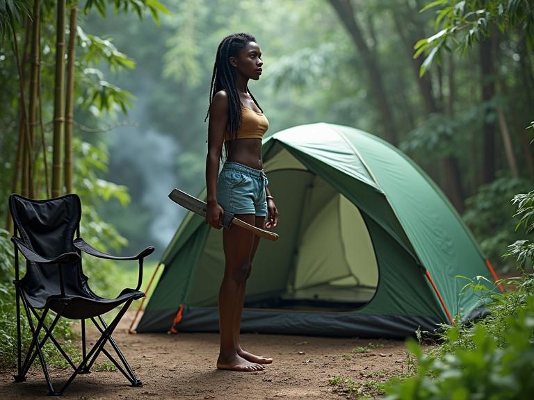 Strong black woman with long dreadlocks stands barefoot at a campsite. She wears a tan crop top and light blue athletic shorts. She holds a machete in her right hand. A green camping tent is beside her. A folding camping chair is visible. Lush green foliage and trees surround the area. Smoke rises from a fire. The atmosphere conveys survival and adventure.