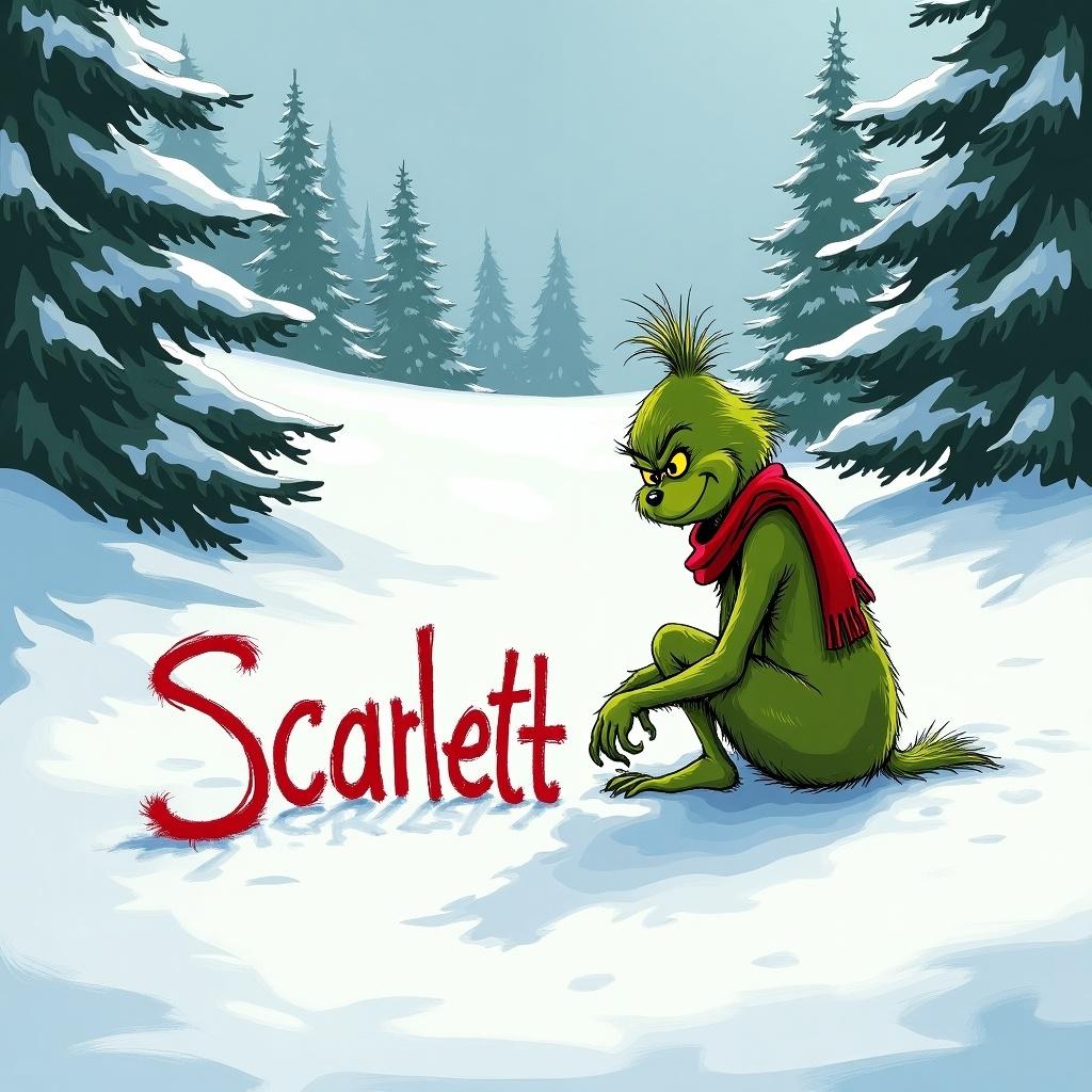 The Grinch writings Scarlett in snow. The scene shows snow-covered hills and evergreen trees. The Grinch is green with a red scarf.