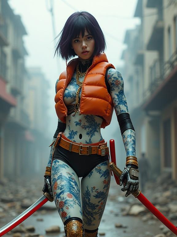 Cinematic full-body portrait of a female android. She stands in a samurai pose with a dynamic presence. Porcelain body with floral tattoos. Matte black body harness under a cropped burnt orange puffer vest. Combat belt with katana sheath at her waist. Dark plum bob wig with a stylized strand. Gold chain with service tag around her neck. Holding a katana with a red handle. Ruined city background in fog. Dramatic lighting highlighting her form.