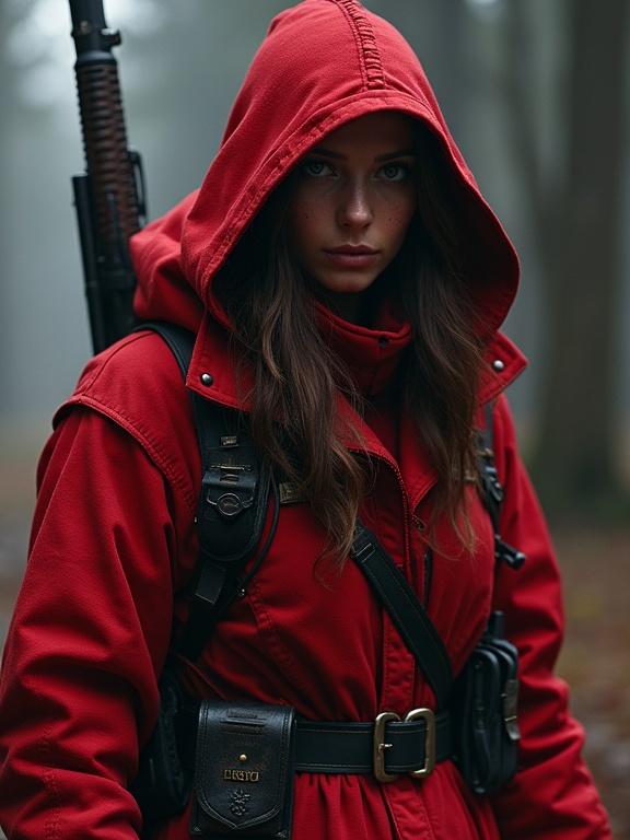A dark-haired cyber warrior aiming a weapon. Clad in a red combat suit. Set in a foggy forest environment.