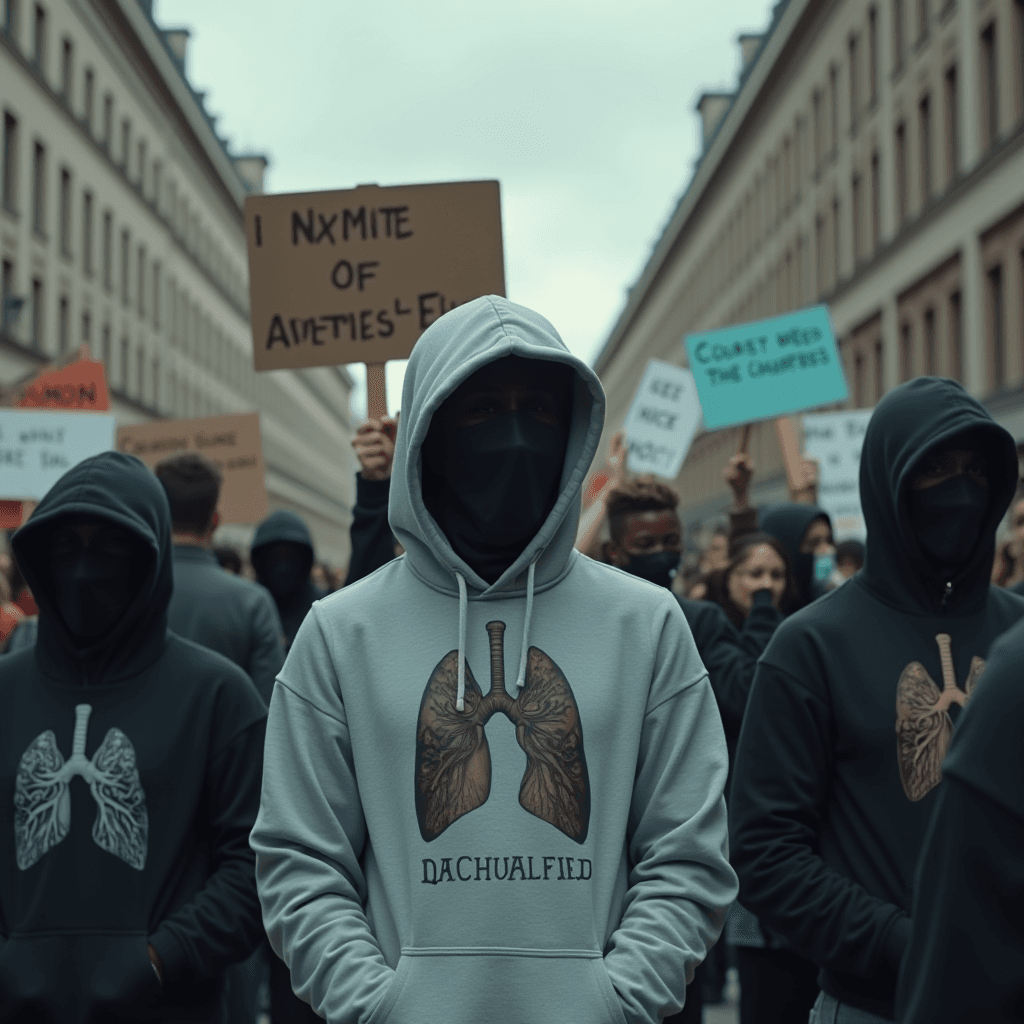 A group of masked protestors in hoodies holding signs in a city street.