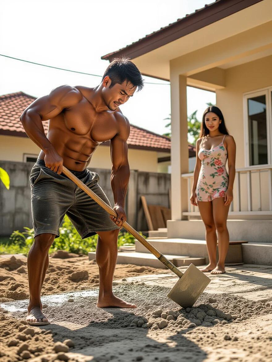 A muscular Indonesian man works under the sun holding a hoe. He mixes cement focused on his task. A suburban yard with construction materials is in the background. An Indonesian woman wearing a casual dress stands on the porch observing. The atmosphere is warm with subtle intensity and attraction.
