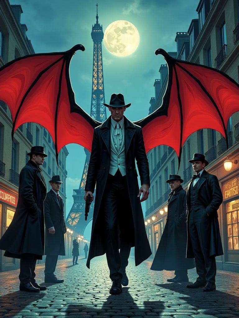 Dramatic scene set in Paris at night with iconic landmarks. A man with bat-like wings wears a tuxedo and holds a revolver. He faces three old-school heroes in a misty street. The Eiffel Tower looms in the background under a full moon.