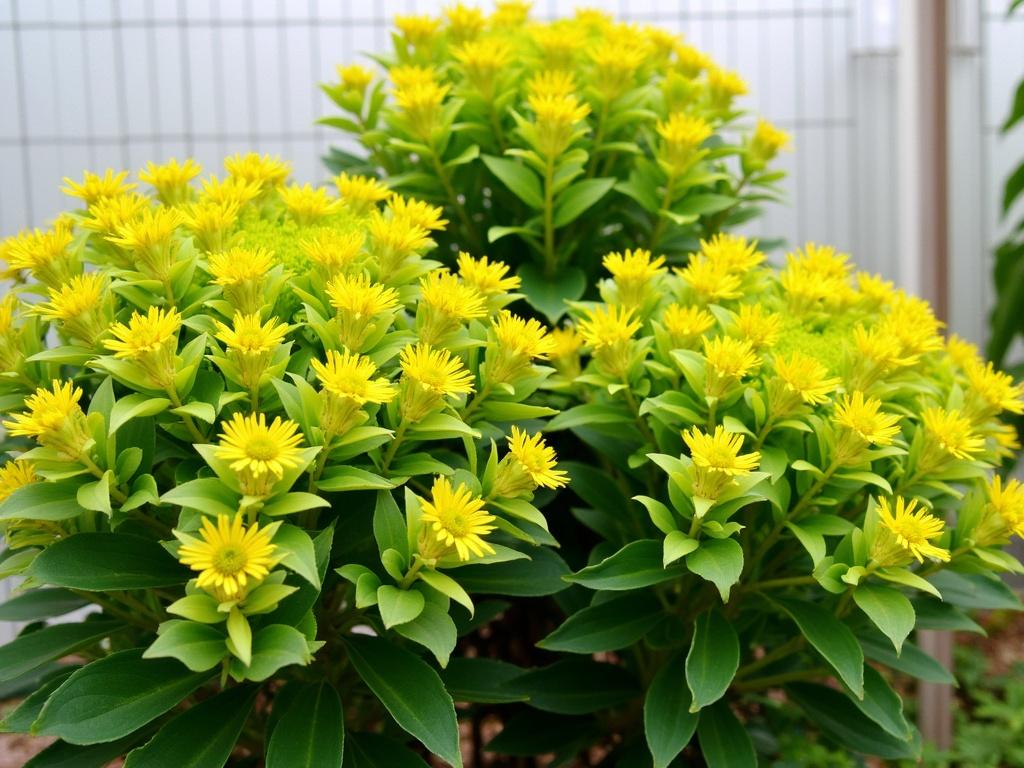 The image shows three lush green plants with bright yellow blossoms. They are arranged in clusters, creating a dense look with a beautiful texture. The background features a subtle grid pattern, emphasizing the plants in the foreground. The lighting is soft and natural, enhancing the vibrant colors of the leaves and flowers. This setup could be found in a greenhouse or an indoor garden space.