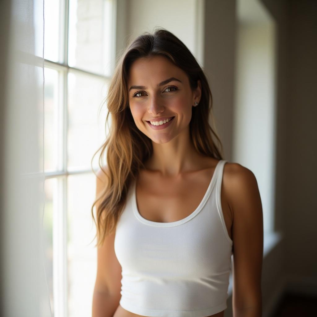 The image features a supermodel wearing a simple white tank top, standing in front of a large window. The soft, natural light filters into the room, creating a warm and inviting atmosphere. She has a bright, genuine smile that captures the viewer's attention. The photo emphasizes her relaxed and approachable demeanor. Taken by a professional photographer with a DSLR camera, the image showcases both her beauty and the serene environment.