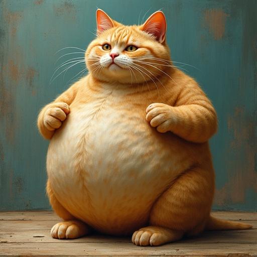 Create a fat and humble cat. A plump orange cat sits with slightly rounded body and an adorable face. The cat has a curious look and its paws are resting on the ground.
