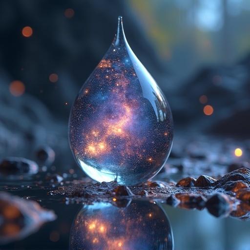 A water droplet contains a miniature galaxy. Glowing planets orbit inside. Star clusters swirl within. Cosmic clouds are visible. Celestial light rays escape through the surface. Magical reflections are present. The droplet is suspended in mid-air. Surreal fantasy atmosphere is created. Macro lens view shows details. Realistic rendering enhances the visual. Soft depth of field adds focus. Dreamy lighting enhances ambiance. Intricate textures are visible. Ambient glow completes the scene. The image is hyper detailed.