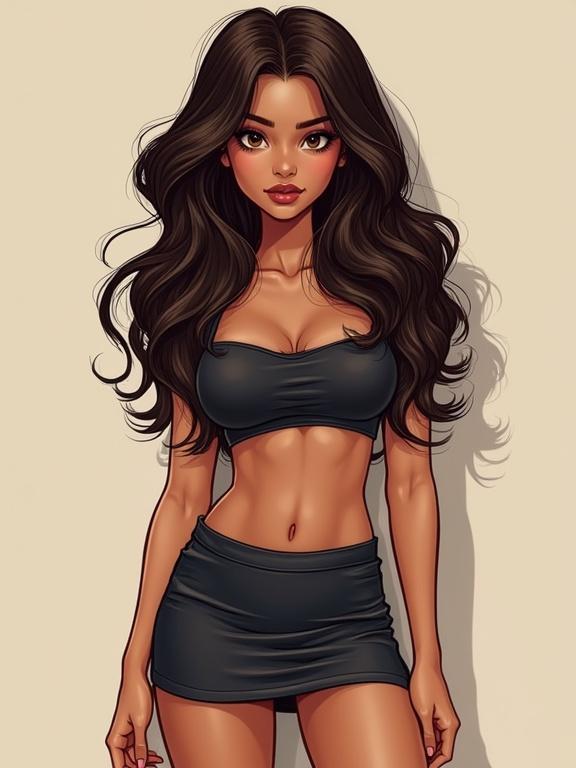 Female portrait with olive skin. She has thick long dark brown wavy hair and brown eyes. Strong jawline and prominent cheekbones. Her body is depicted with a narrow waist and round hips. Outfit consists of a tight crop top and short skirt. The character has bold smoky eye makeup. Background is trendy. The image uses soft lighting and comic book illustration style.