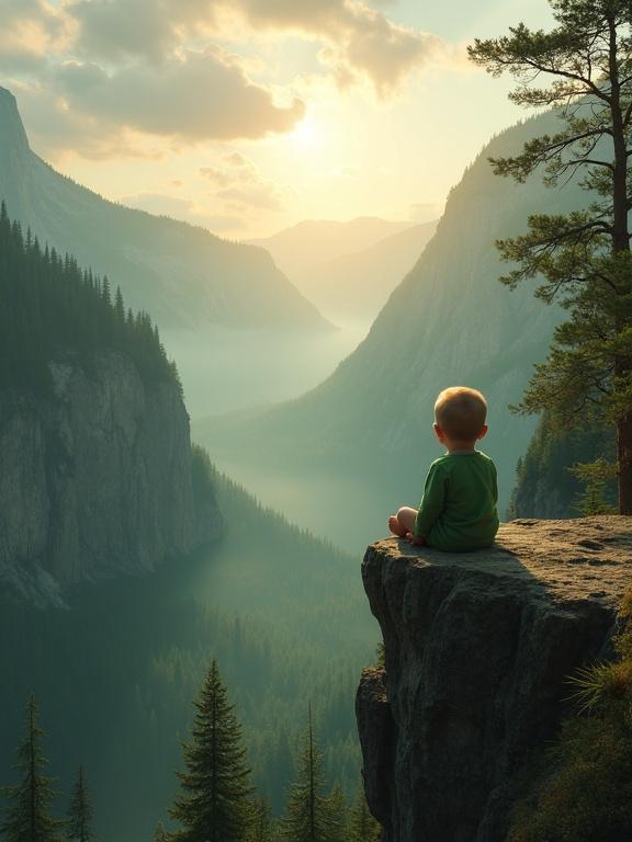 A baby in a green romper sits on a cliff edge. The view is a misty valley with green mountains. Sunlight shines through clouds. The scene conveys wonder and a hint of danger. Hyper-realistic detail creates an enchanting atmosphere.