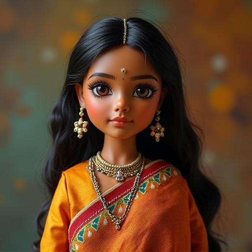 Indian doll wearing traditional orange attire. Styled with jewelry and long black hair. Detailed accessories with cultural significance.