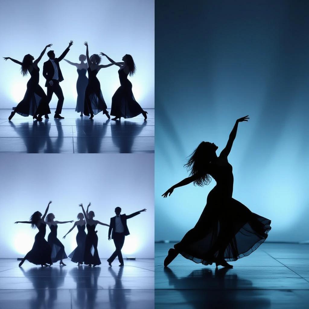 Dance movements captured in silhouettes. A group of dancers styled in elegant dresses and suits. They showcase dynamic poses against a softly lit background. One dancer stands out in an expressive pose, emphasizing fluid motion and grace.