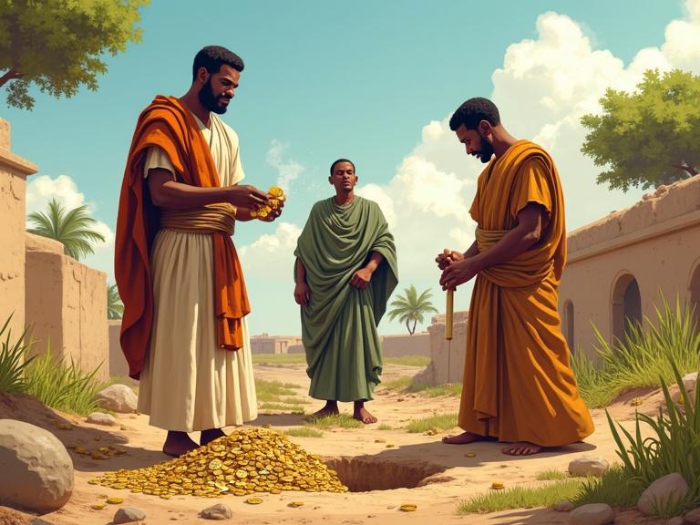 An illustration shows three Nigerian men in ancient clothing. First man happily counts coins with a bag beside him. Second man counts a smaller coin pile. Third man sadly digs a hole to bury a single coin bag. A displeased master figure is in the background. The landscape is sunny with trees and simple buildings.