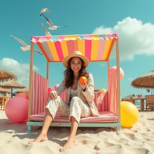 A young woman seated on a colorful beach hut. She wears a floral patterned suit. A straw sun hat is on her head. She holds an orange in her right hand. She has a relaxed expression. The beach hut has a striped awning with pinks and yellows. Colorful balloons and seaside furniture are around. The scene includes light beige sand and a partly cloudy blue sky with flying seagulls. The overall style is vibrant and playful.